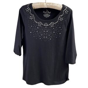 CORAL BAY Ladies Vneck Rhinestone Embellishment Blouse Top, Missy Small, Black